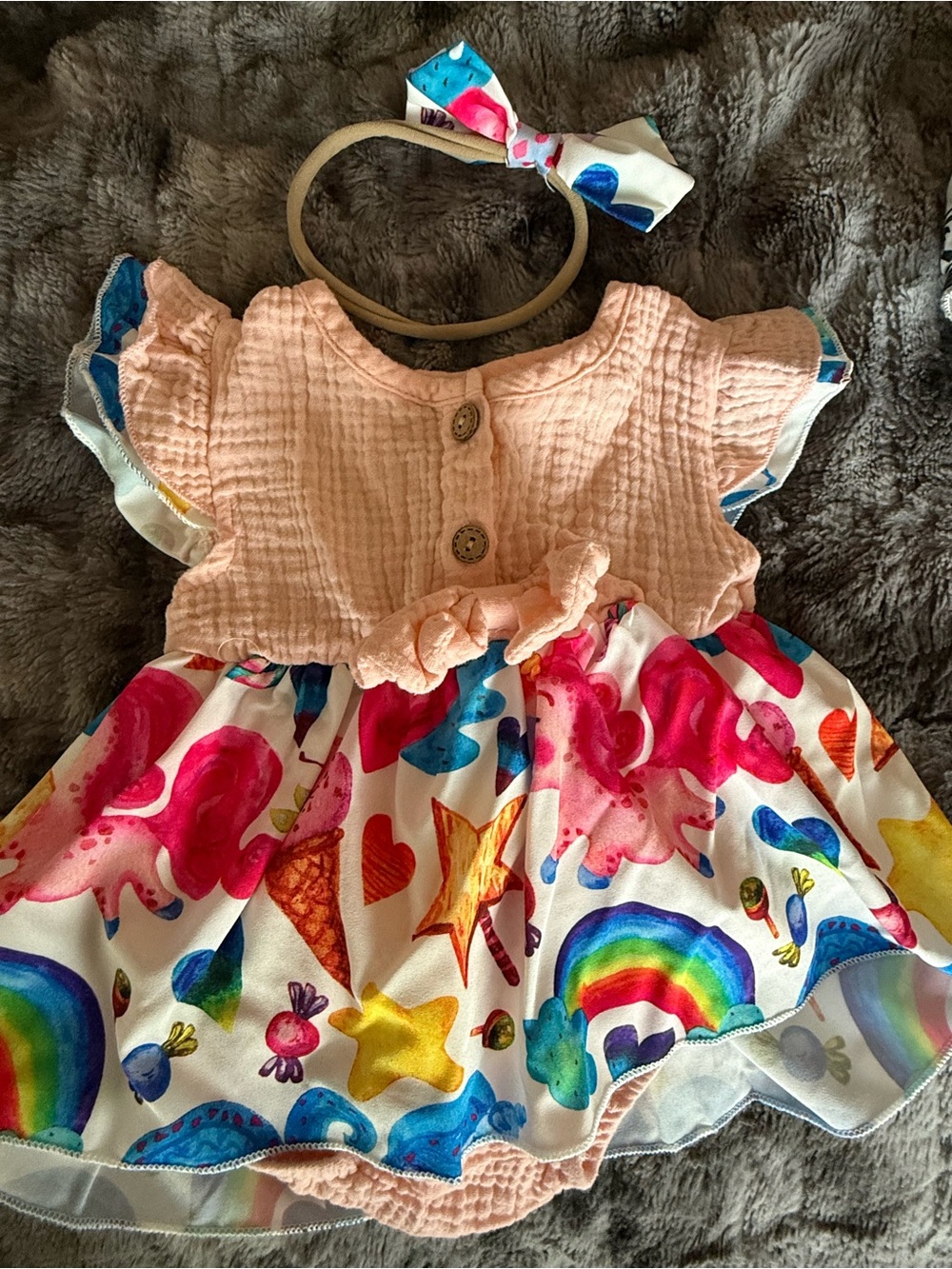 Baby Girl Peach Rainbow Romper Dress Bow Headband Size 80